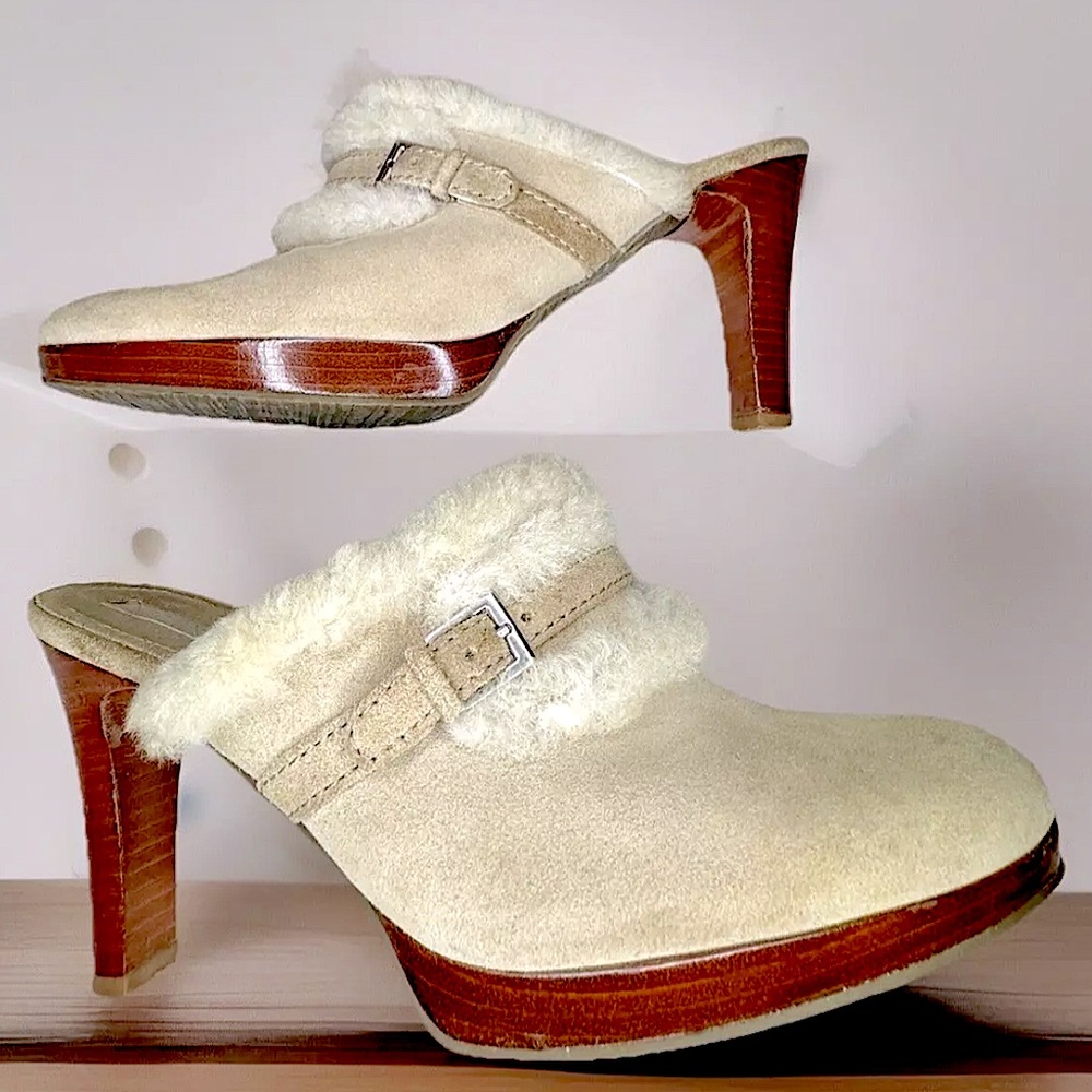❄️ENZO ANGIOLINI❄️ *EATERCERO* SUEDE SHERLING 3.9” HEEL MULE CLOGS EUC🐑